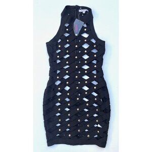 Hera Collection Women’s Black Bandage Bodycon Dress S Studded Cut Out Clubwear